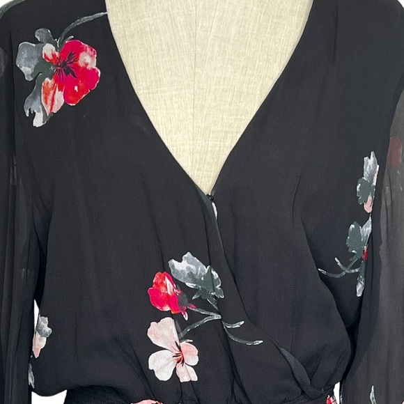 NWT Witchery Womens Dress Black Size 12 V-Neck Sheer Sleeves Maxi Red Flower - Picture 4 of 16